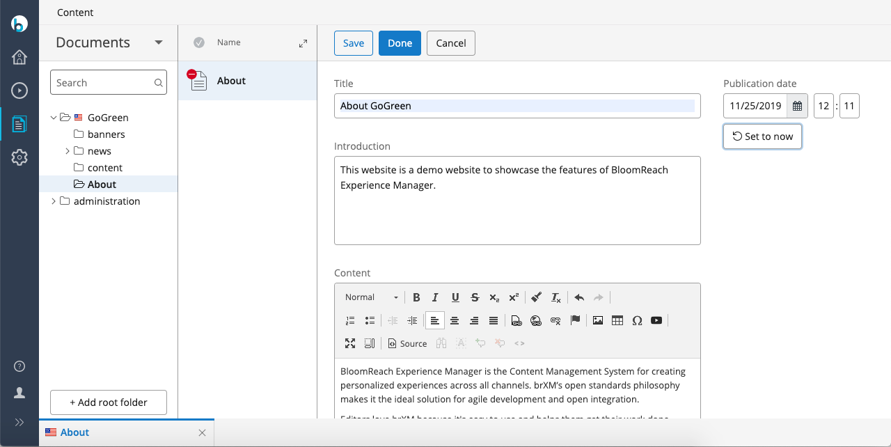  Example of Bloomreach headless CMS backend 