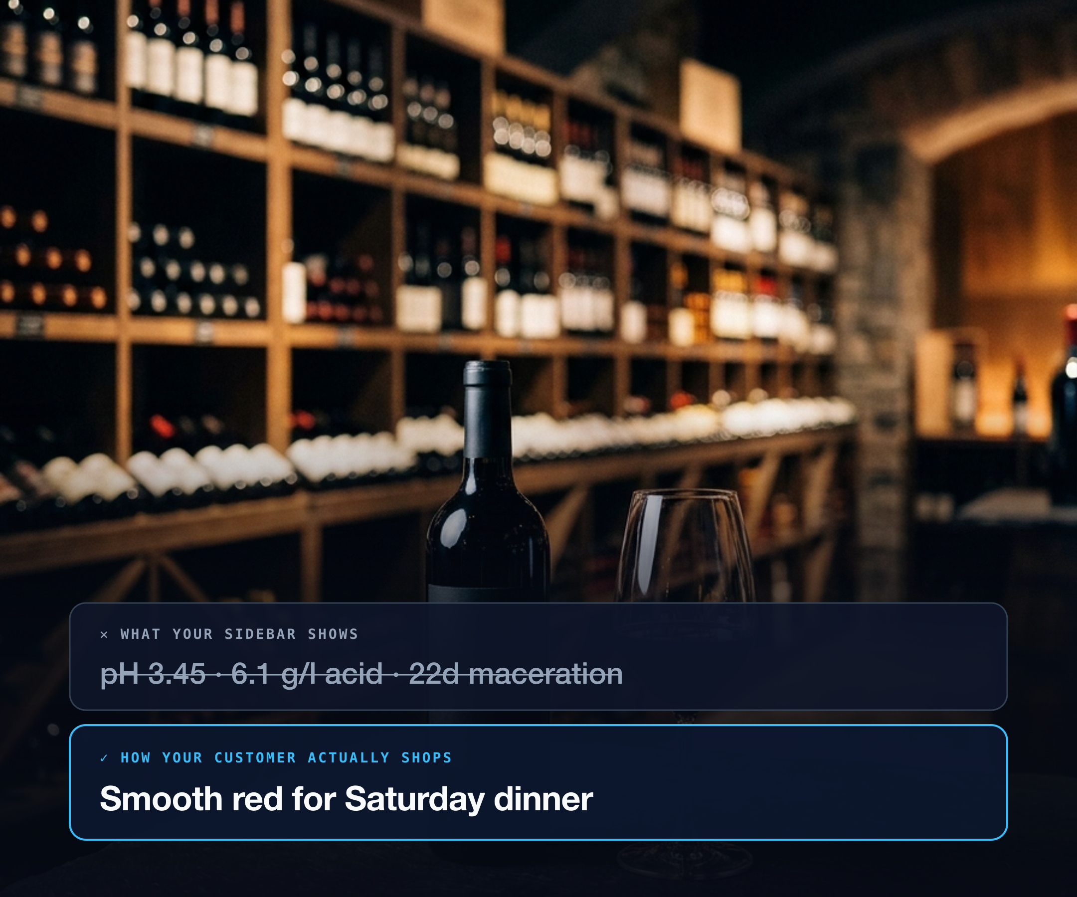 Wine filter example: pH 3.45 and 6.1 g/l acid translated into Smooth red for Saturday dinner.